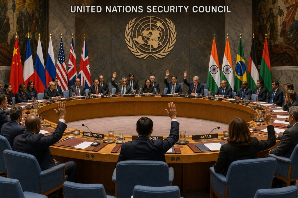 संयुक्त राष्ट्र सुरक्षा परिषद (UNSC) की बैठक का दृश्य, जहां विभिन्न देशों के प्रतिनिधि मतदान प्रक्रिया में भाग लेते हुए दिखाई दे रहे हैं। बैठक कक्ष में संयुक्त राष्ट्र का प्रतीक चिन्ह और भारत सहित कई देशों के राष्ट्रीय ध्वज मौजूद हैं।